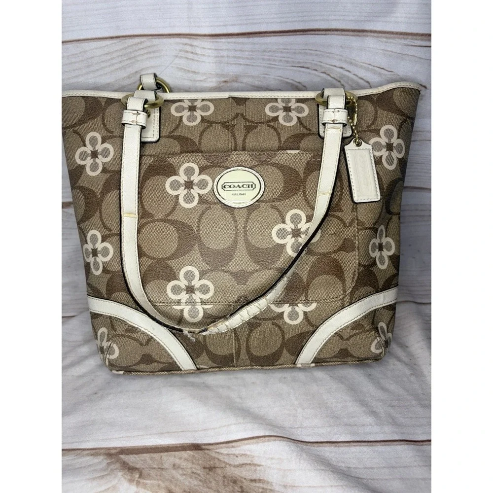 Coach Signature Floral Clover Tote Bag Khaki Ivory Canvas Leather Trim
